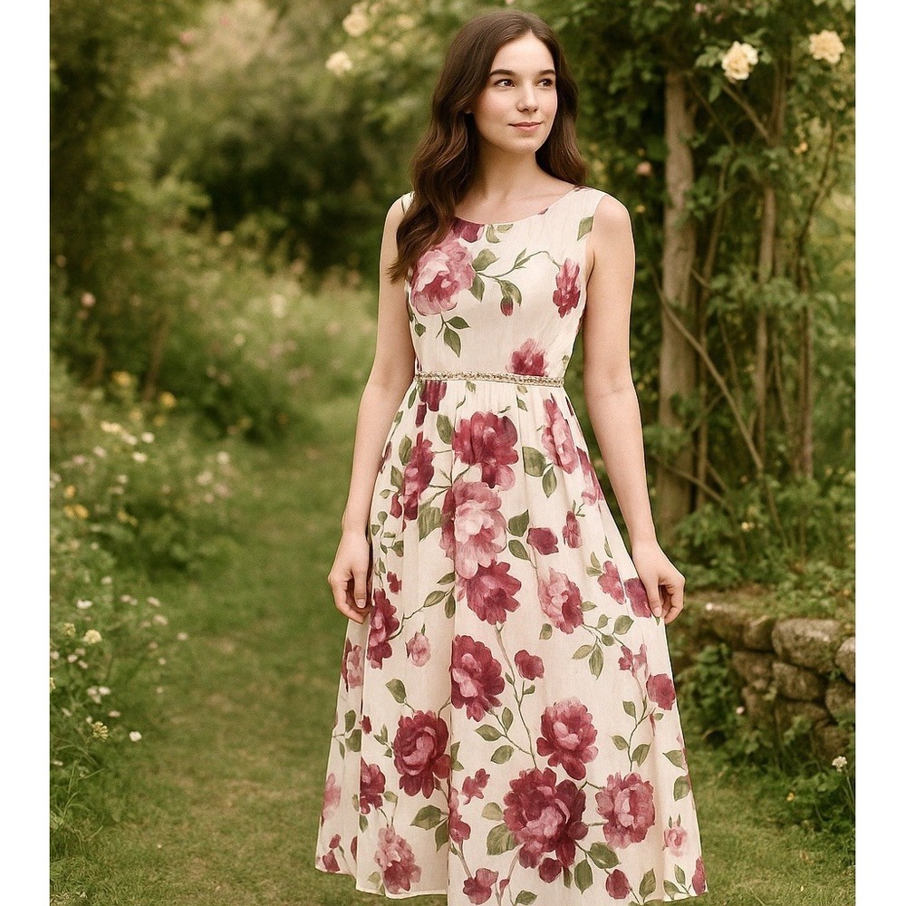 Floral Sheer Metallic Weave Rhinestone Waist Sz 8 Romantic Tea Length Dress